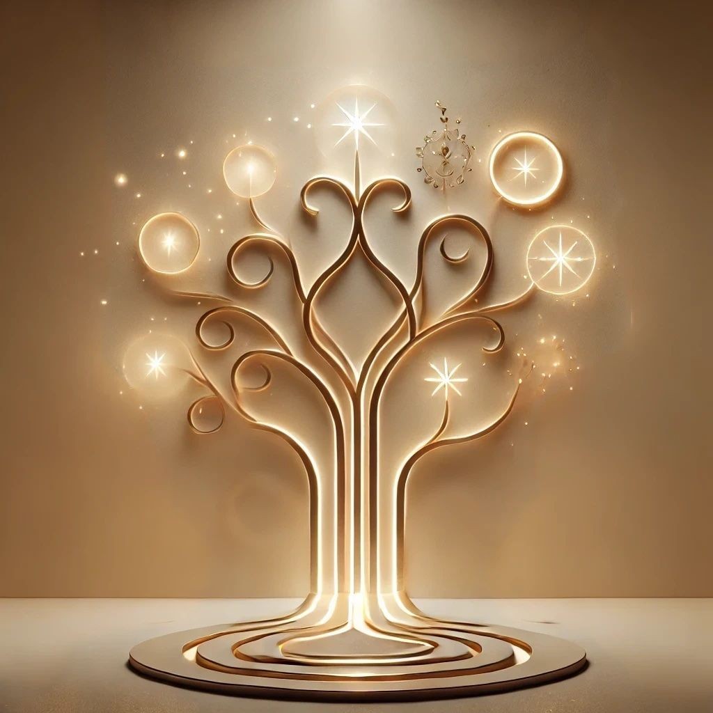 Abstract glowing tree sculpture with swirling branches and starry lights, set against a beige background.