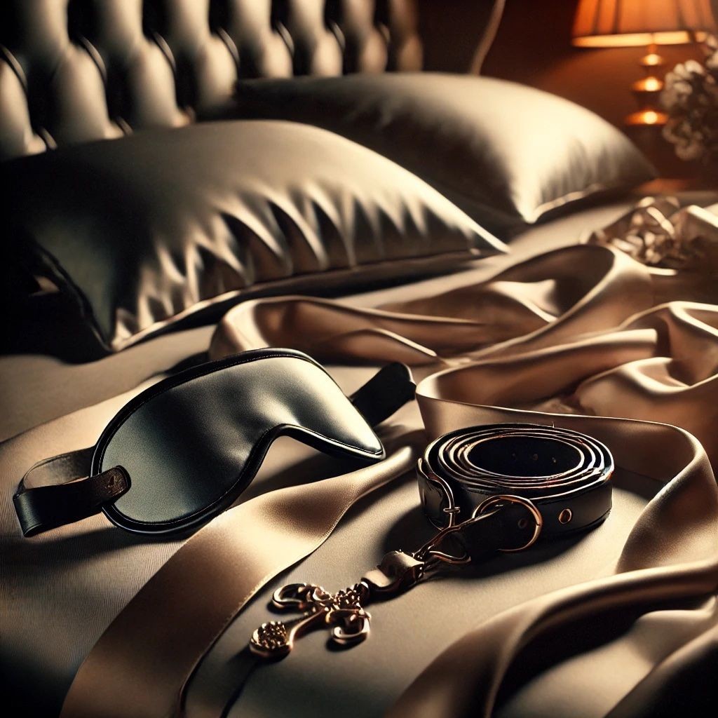 Luxurious bedroom setting with a blindfold and belt on satin sheets.