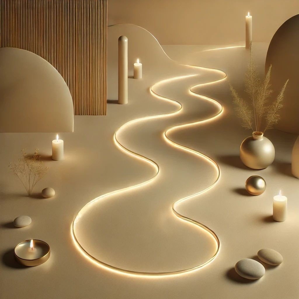 Serene zen setting with candles, glowing pathway, and minimalistic decor.