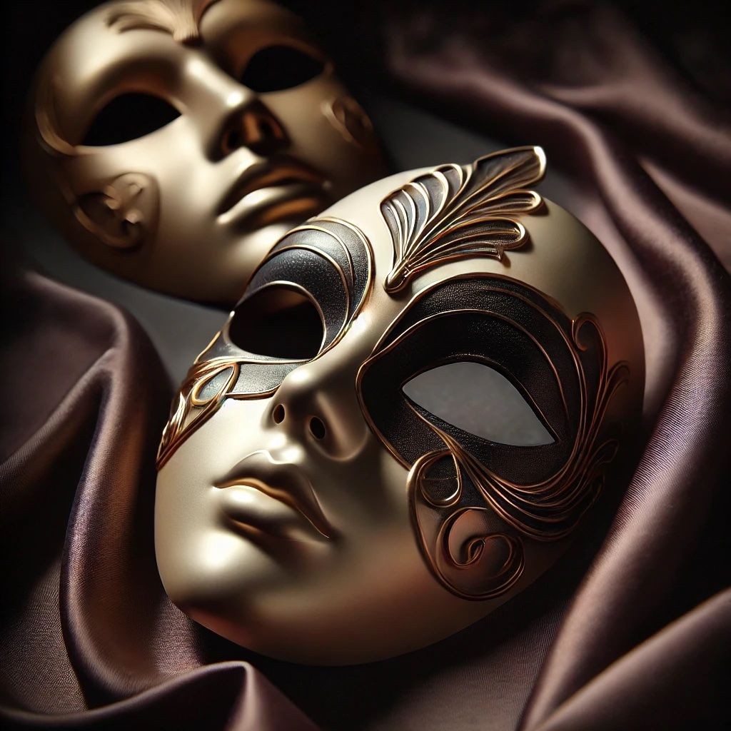 Ornate masquerade mask with intricate gold detailing resting on luxurious, dark satin fabric.