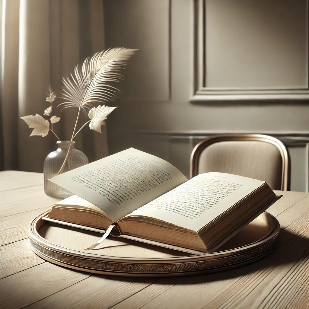 Open book on a wooden table with a vase of dried leaves in the background.