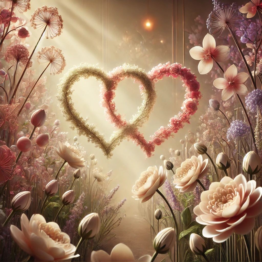 Two intertwined heart-shaped flower wreaths in a dreamy floral garden with sunlight streaming in.